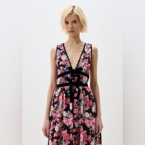 For Love and Lemons Black and Pink Floral Print Midi Dress with velvet trim